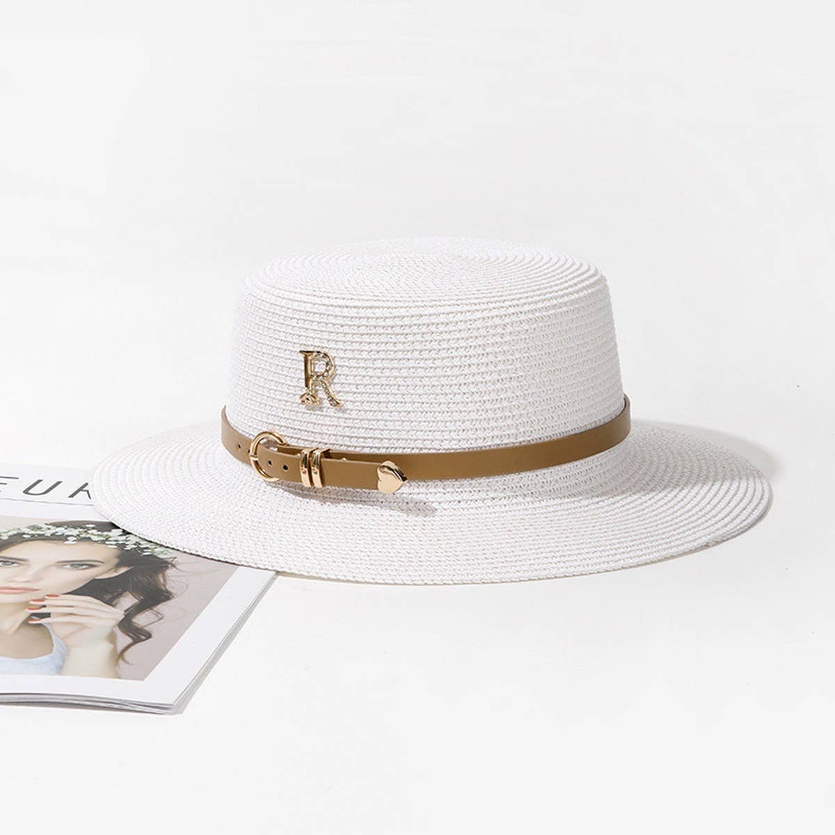 Fashionable rhinestone R letter straw hat_CWAH3484