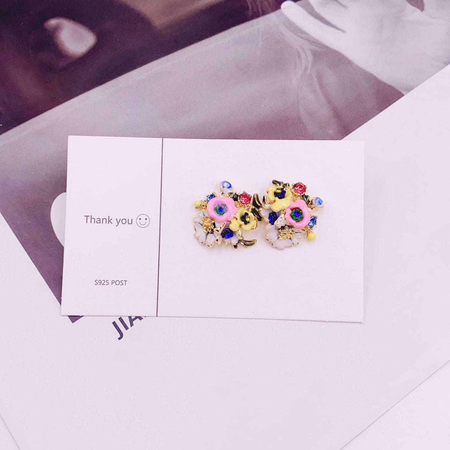 French enamel and colored glaze flower earrings
