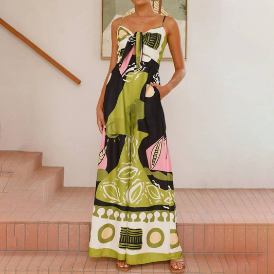 Wide leg straight jumpsuit with halter and knot