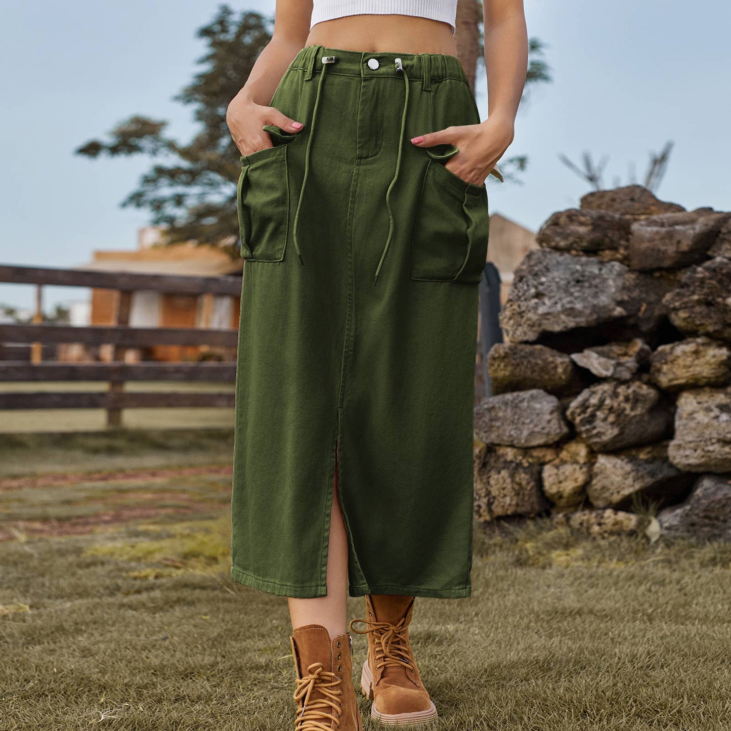 LACE-UP CARGO DENIM SLIT SKIRT