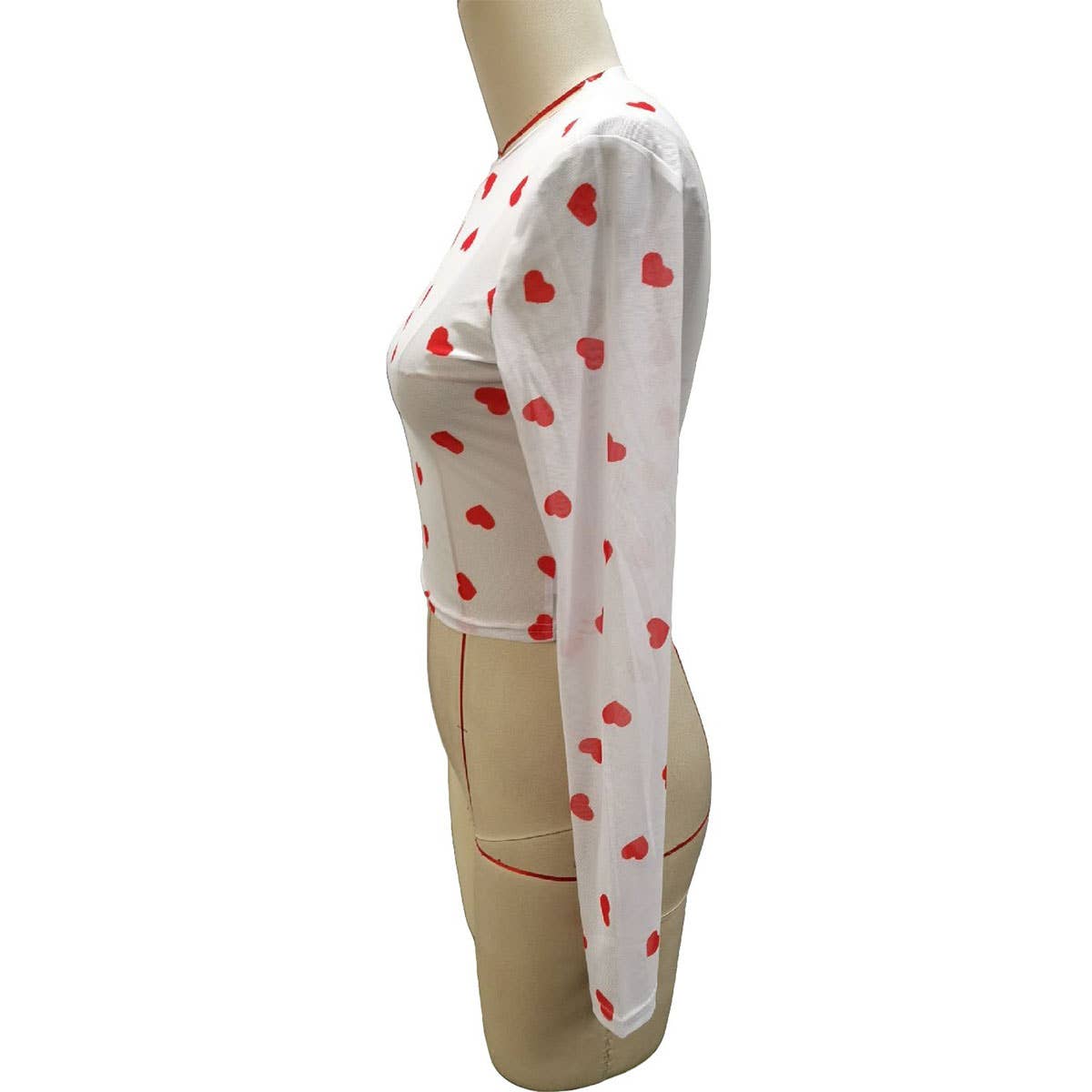 CUTE HEART PRINT MESH ROUND NECK LONG SLEEVE TOP
