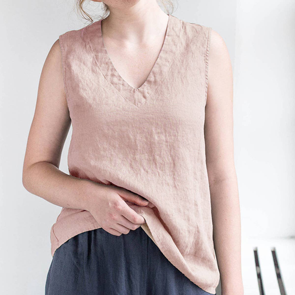 SOLID COLOR COTTON LINEN HOME SLIMMING BLOUSE