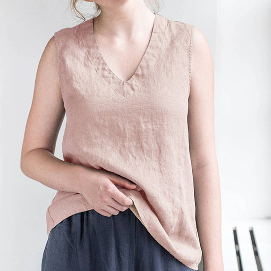 SOLID COLOR COTTON LINEN HOME SLIMMING BLOUSE