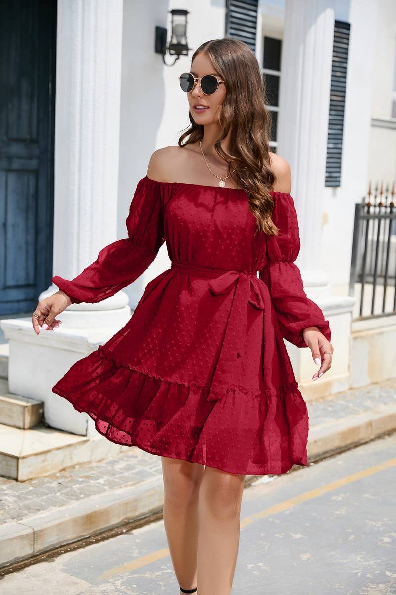 CWDSD8400_OFF SHOULDER POM POM CHIFFON BELTED DRESS