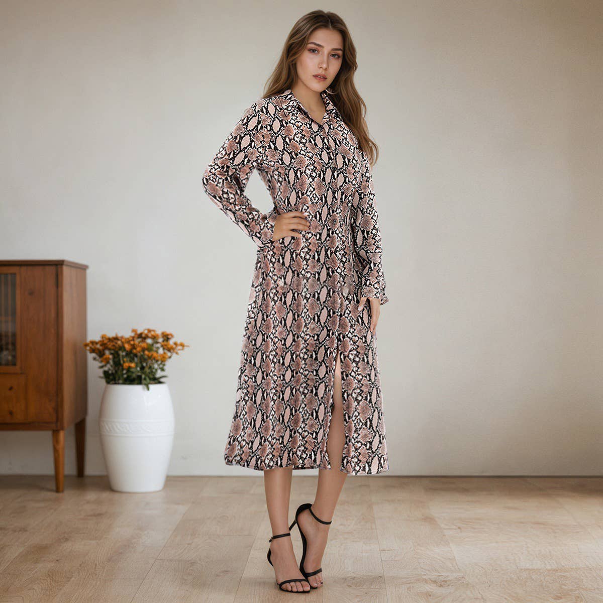 Long lapel snake print slit dress