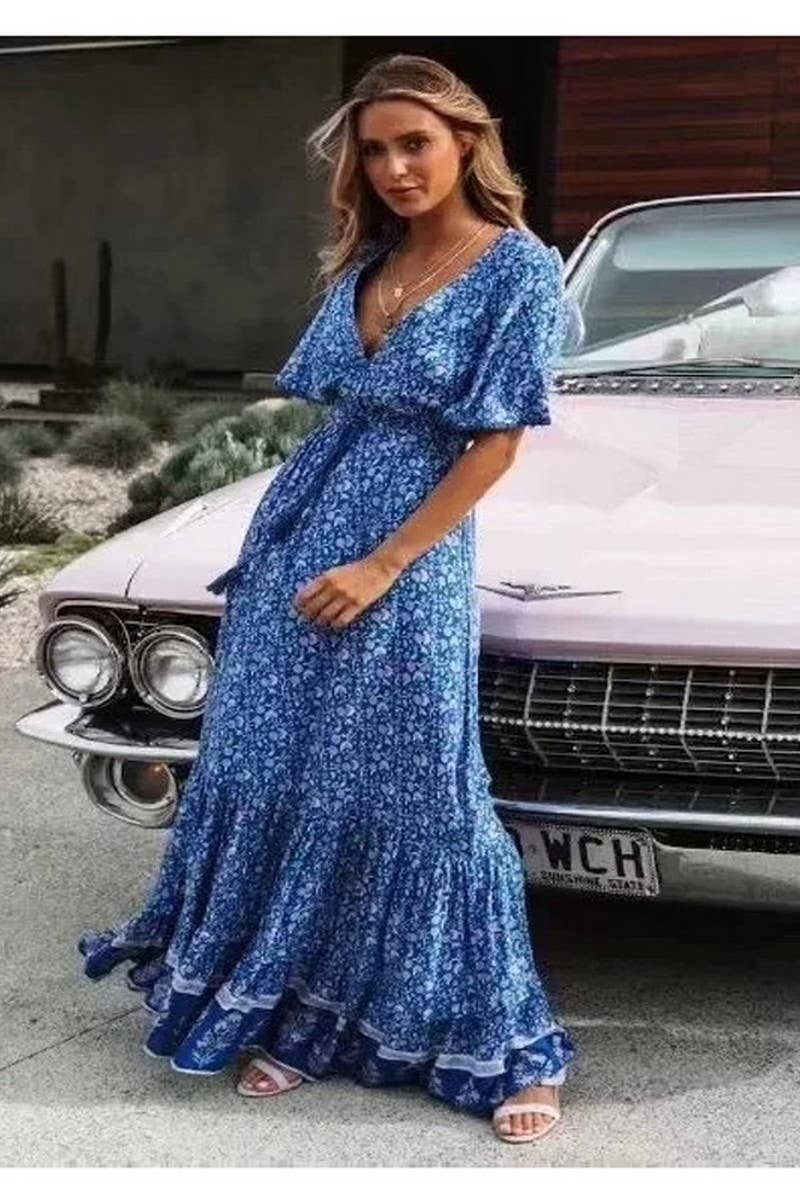 CWDMD01239_V NECK BOHEMIAN PLACEMENT PRINT DRESS