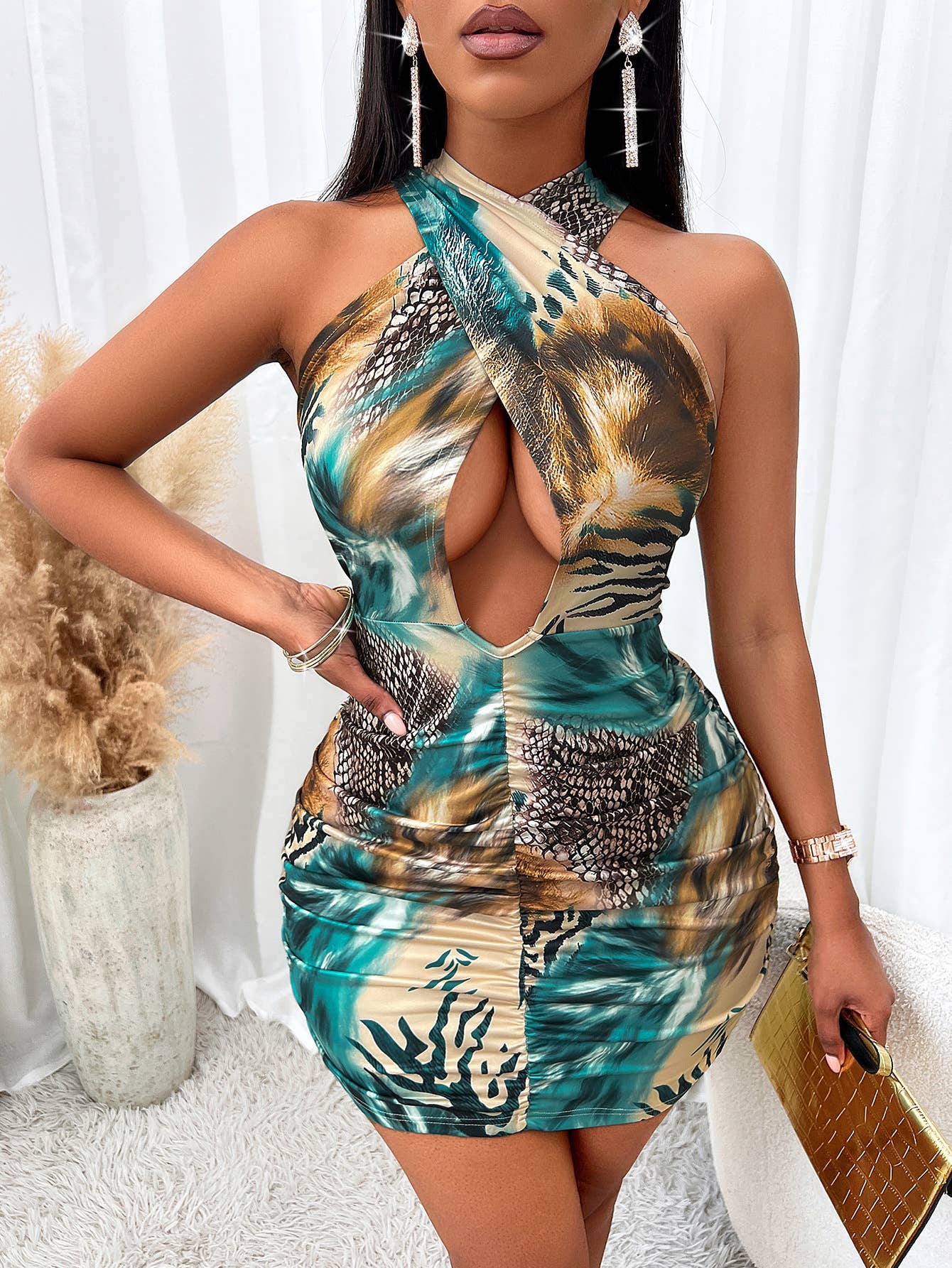 Print slim-fit halter hollow-out dress