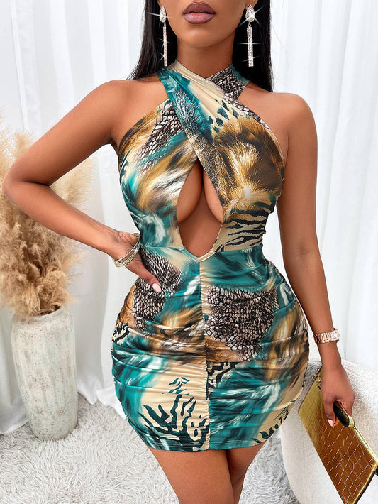 Print slim-fit halter hollow-out dress
