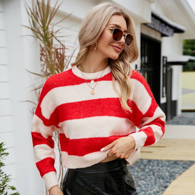 SHORT CREW NECK SWEATER STRIPED MOHAIR SWEATER