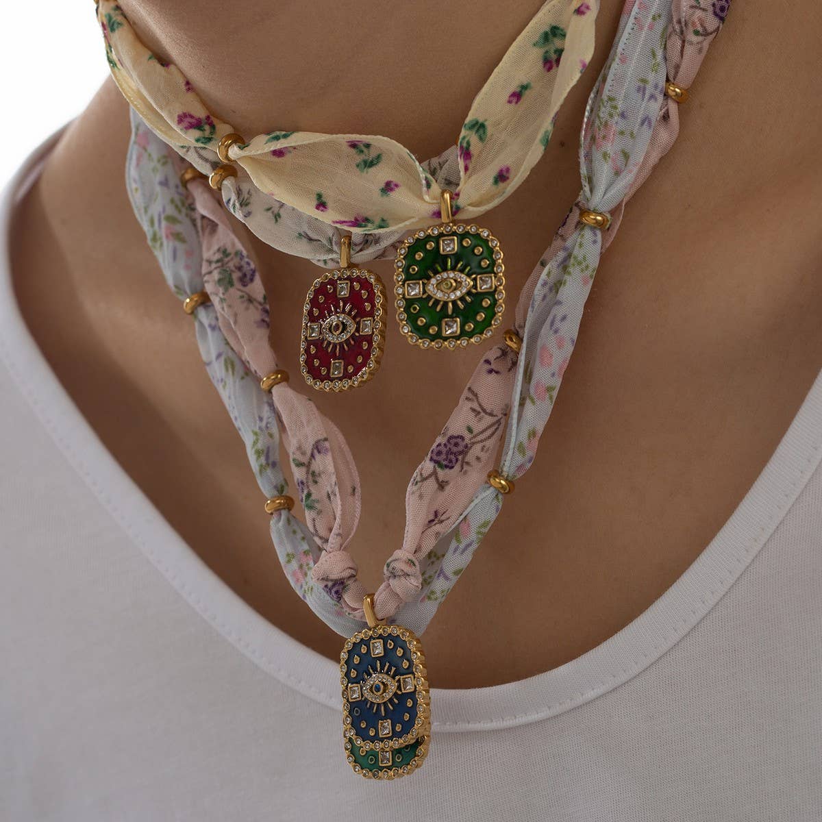 Original Silk Scarf Necklace with Colorful Charm_CWMM8815