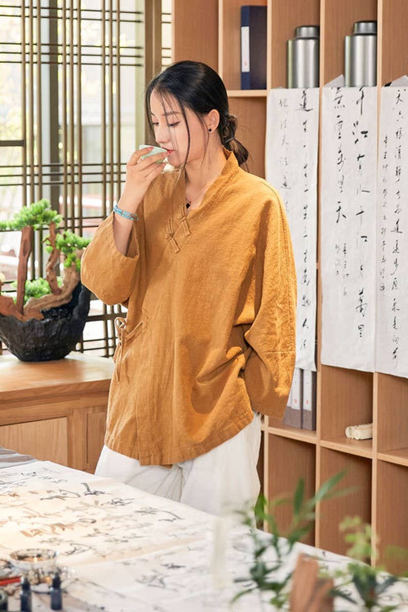 CWOCO0906_RAMIE STAND COLLAR TIE RETRO SHORT CARDIGAN COATS