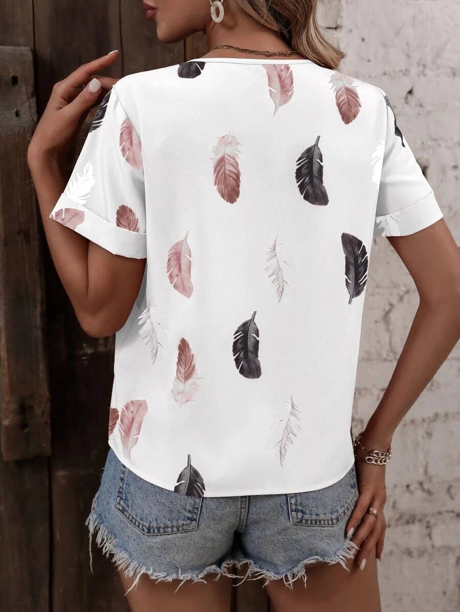 V-NECK FEATHER PRINT SHORT-SLEEVED LOOSE T-SHIRT
