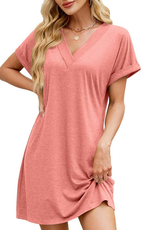 CWDSD7283_SOLID COLOR V-NECK LOOSE SHORT-SLEEVED DRESS