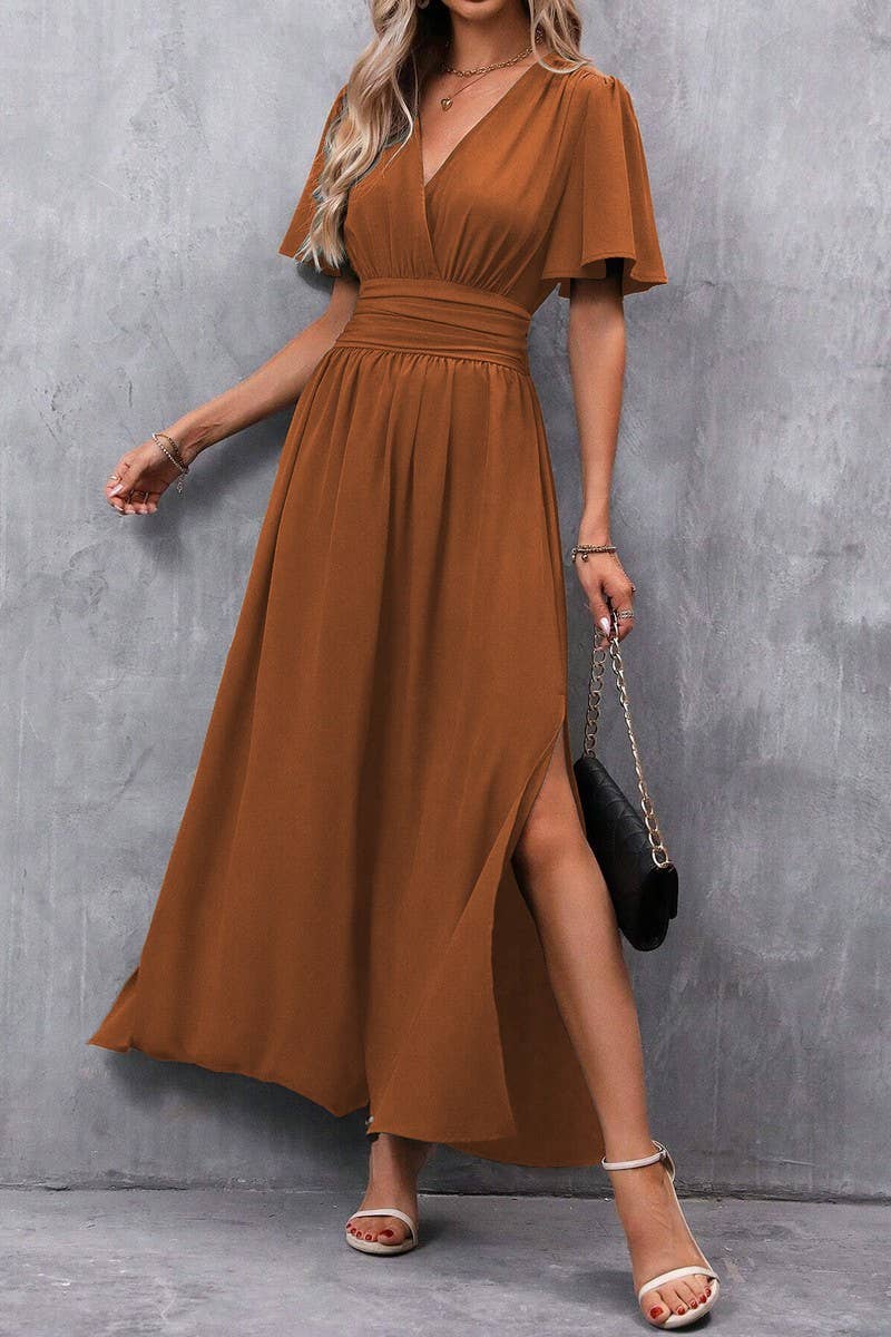 CWDMD4647_SOLID COLOR FLYING SLEEVES HIGH SLIT DRESS