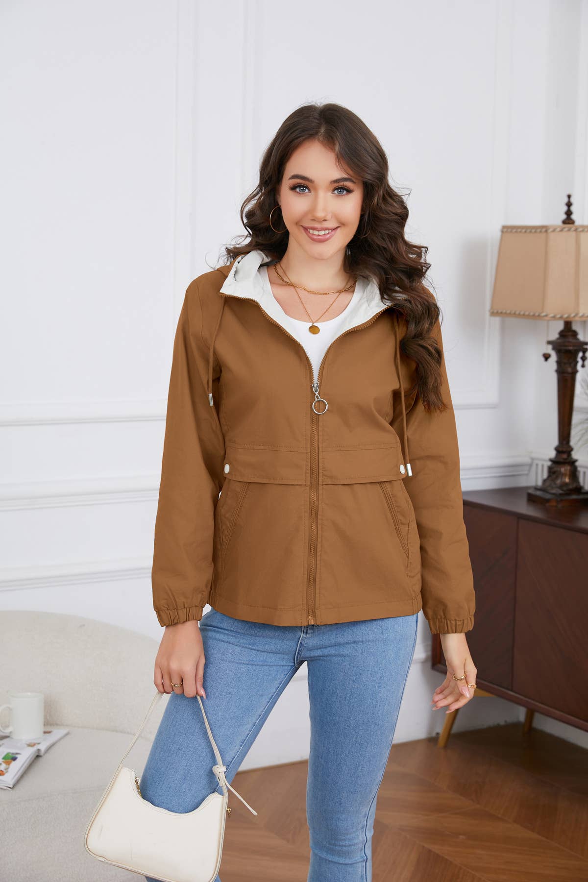 HOODED SOLID COLOR LONG SLEEVE TRENCH COAT