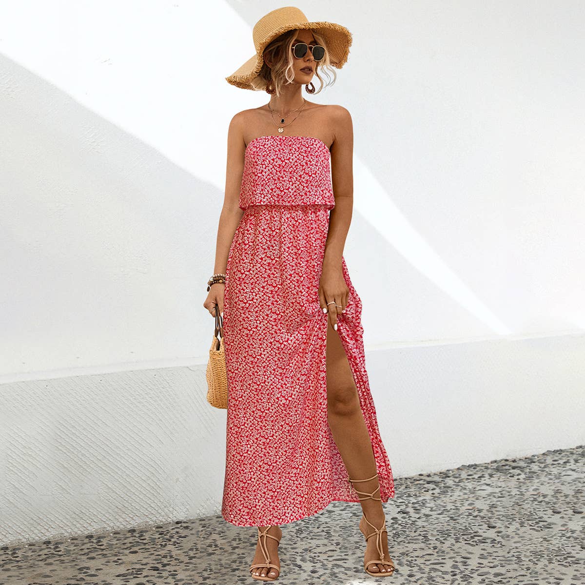 Sexy strapless floral high-waisted long dress