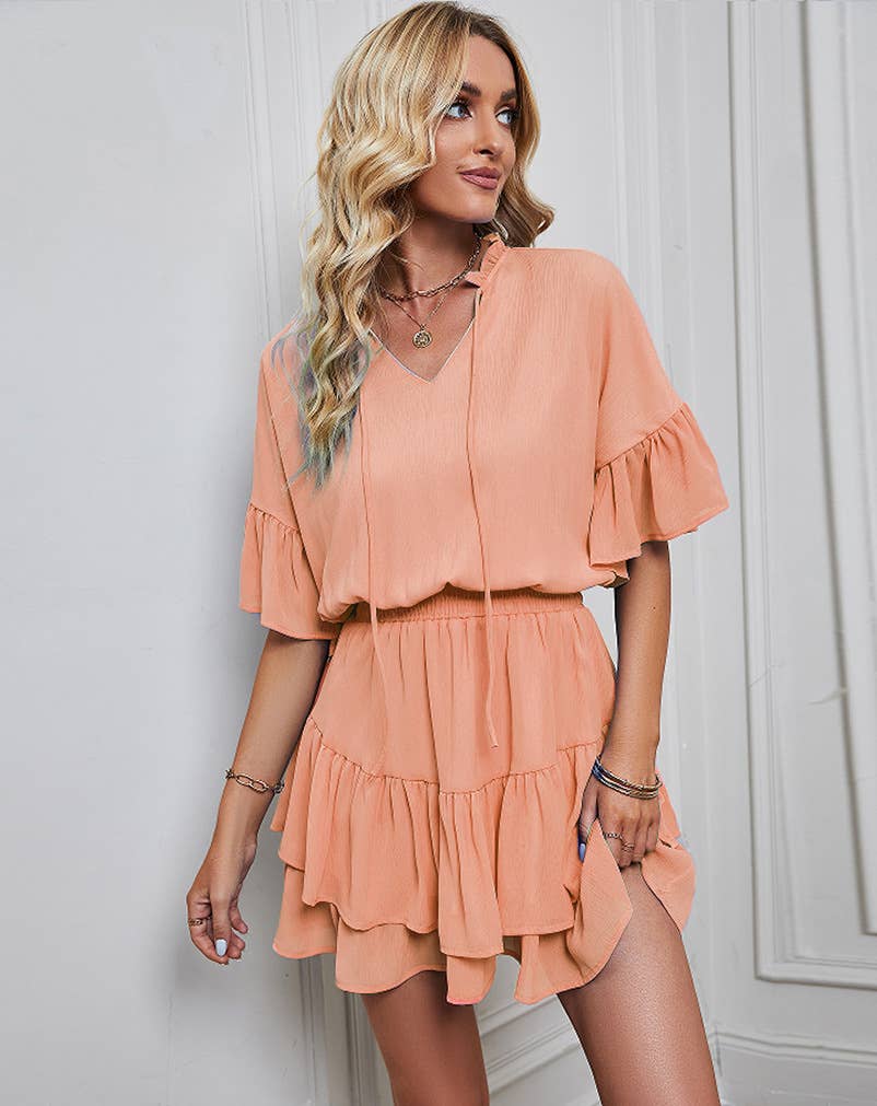 Spring/summer solid color ruffled dress