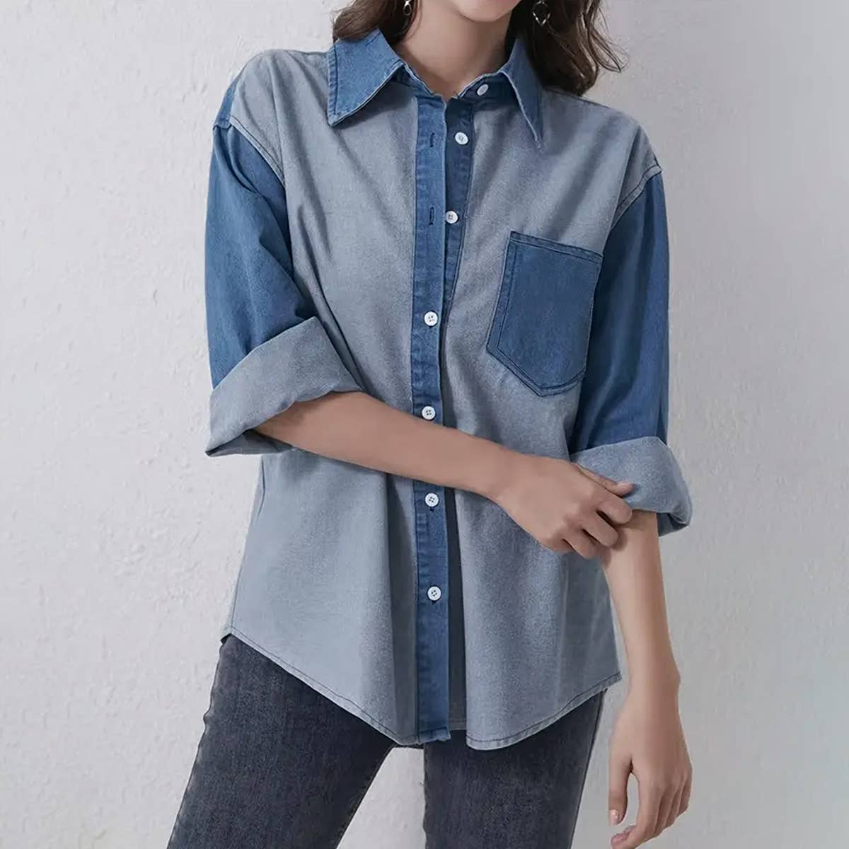LAPEL SINGLE BREASTED COLOR MATCHING DENIM SHIRT