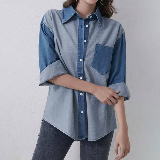 LAPEL SINGLE BREASTED COLOR MATCHING DENIM SHIRT
