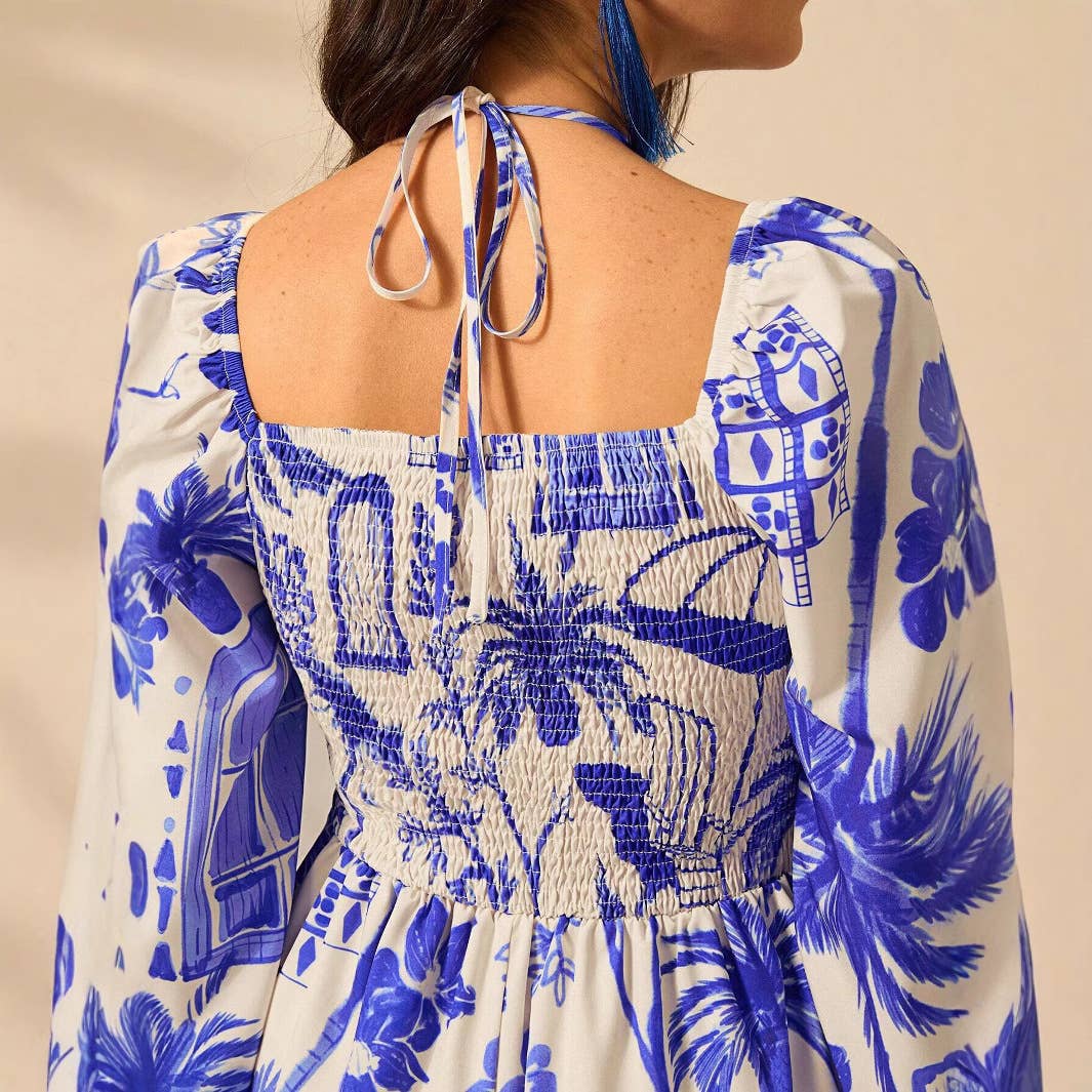 V-neck cinched waist lantern sleeve lace-up dress