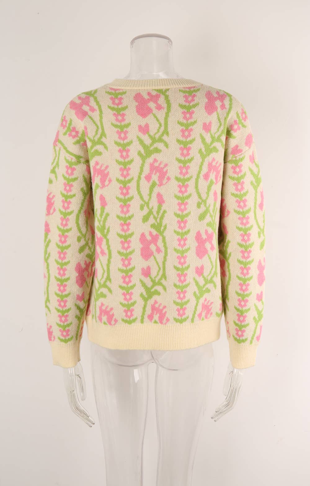 JACQUARD ROUND NECK FLOWER KNIT FASHION SWEATER