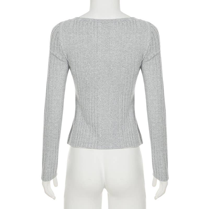 SOLID COLOR BASIC KNIT BUTTON SLIT SLIM T-SHIRT