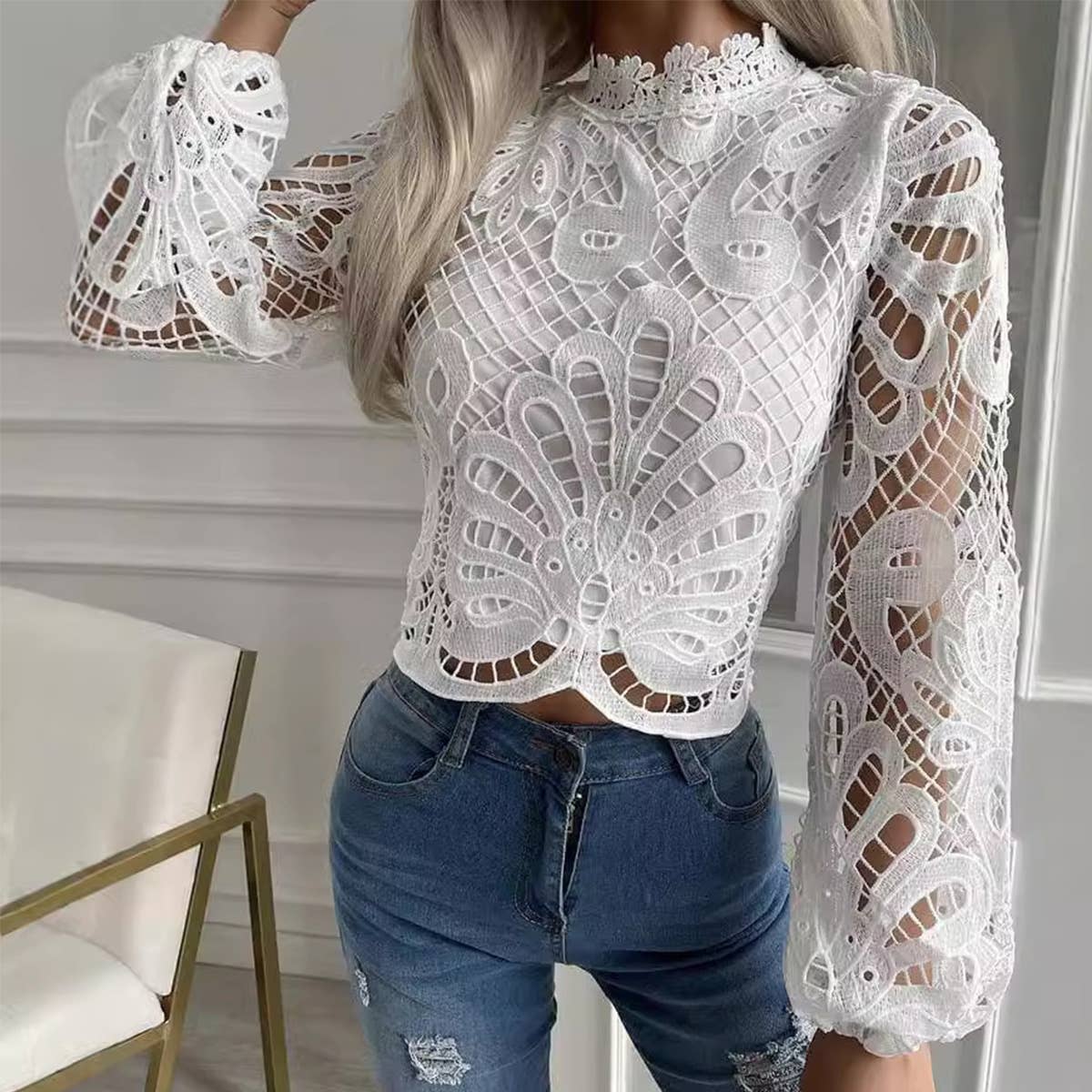 SEXY LACE CUTOUT LACE SOLID COLOR FASHION SHIRT