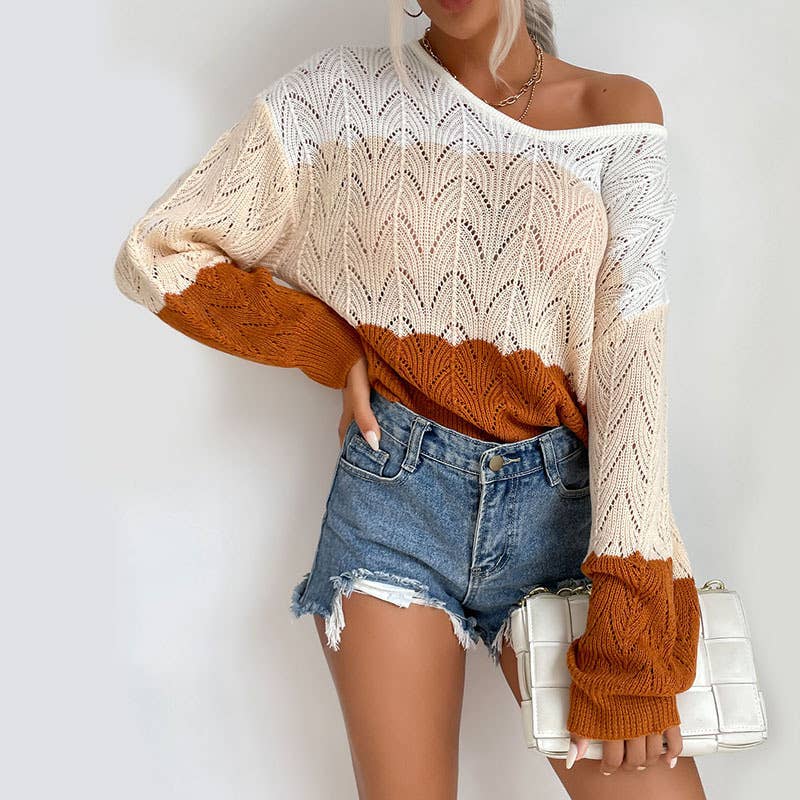V-neck hollowed-out color-blocking sweater