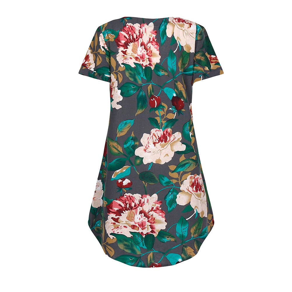 SHORT SLEEVE COTTON AND LINEN FLORAL PRINT DRESS