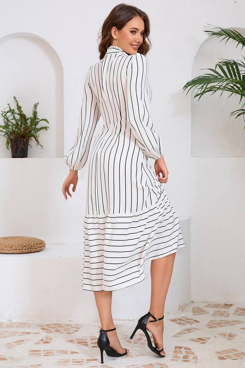 CWDMD4000_LONGSLEEVED STAND-UP COLLAR PINSTRIPED WORK DRESS