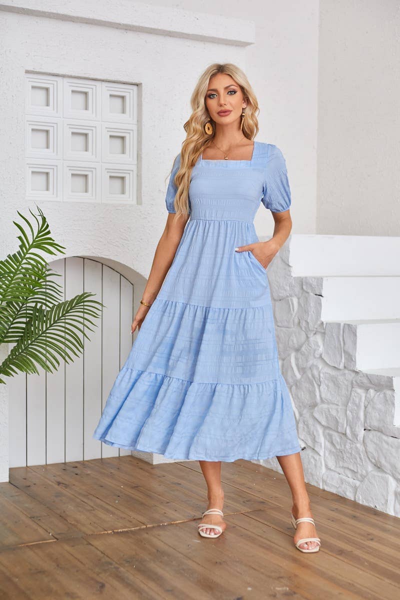 Square neck pleated short-sleeved dress