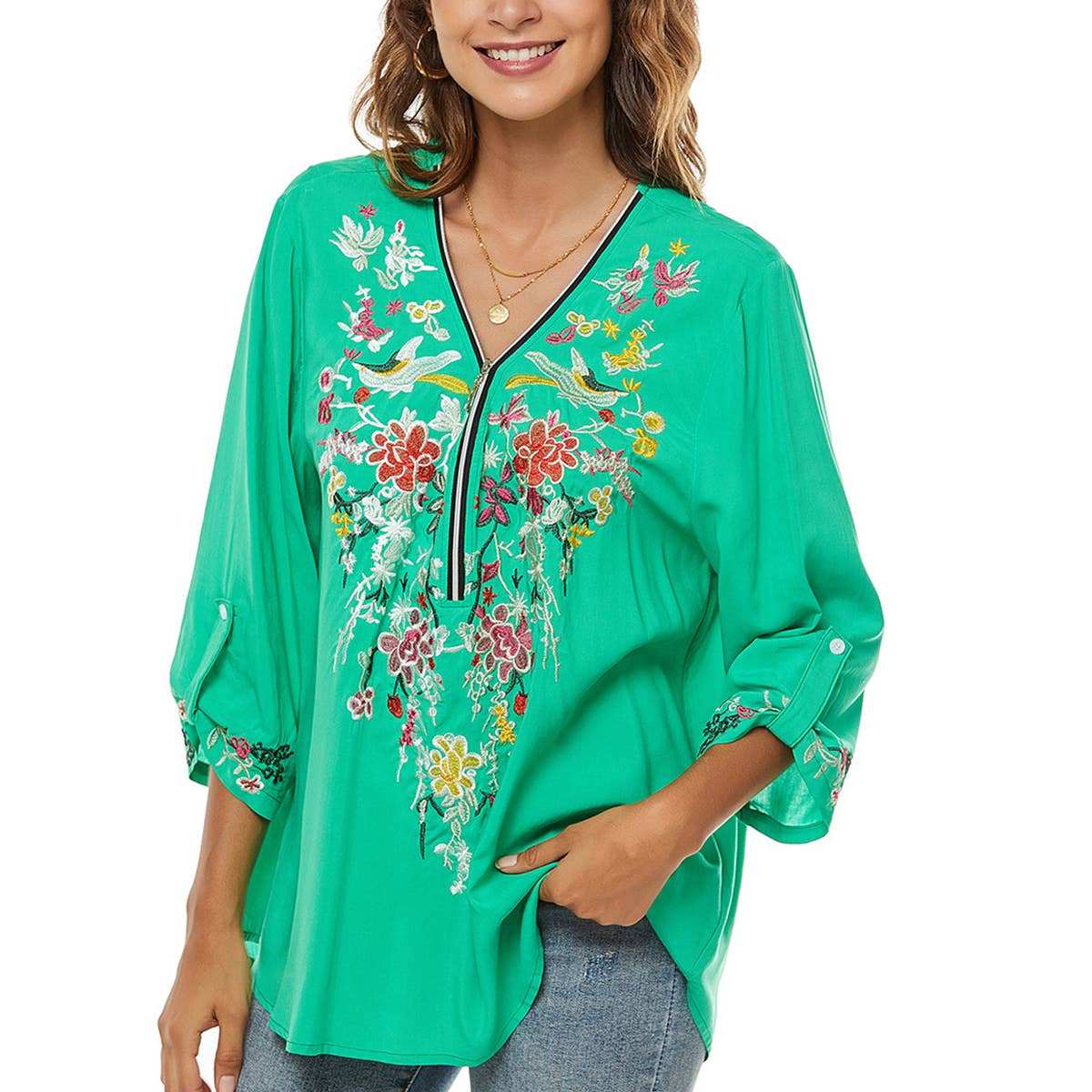 Embroidered shirt with three-quarter sleeves