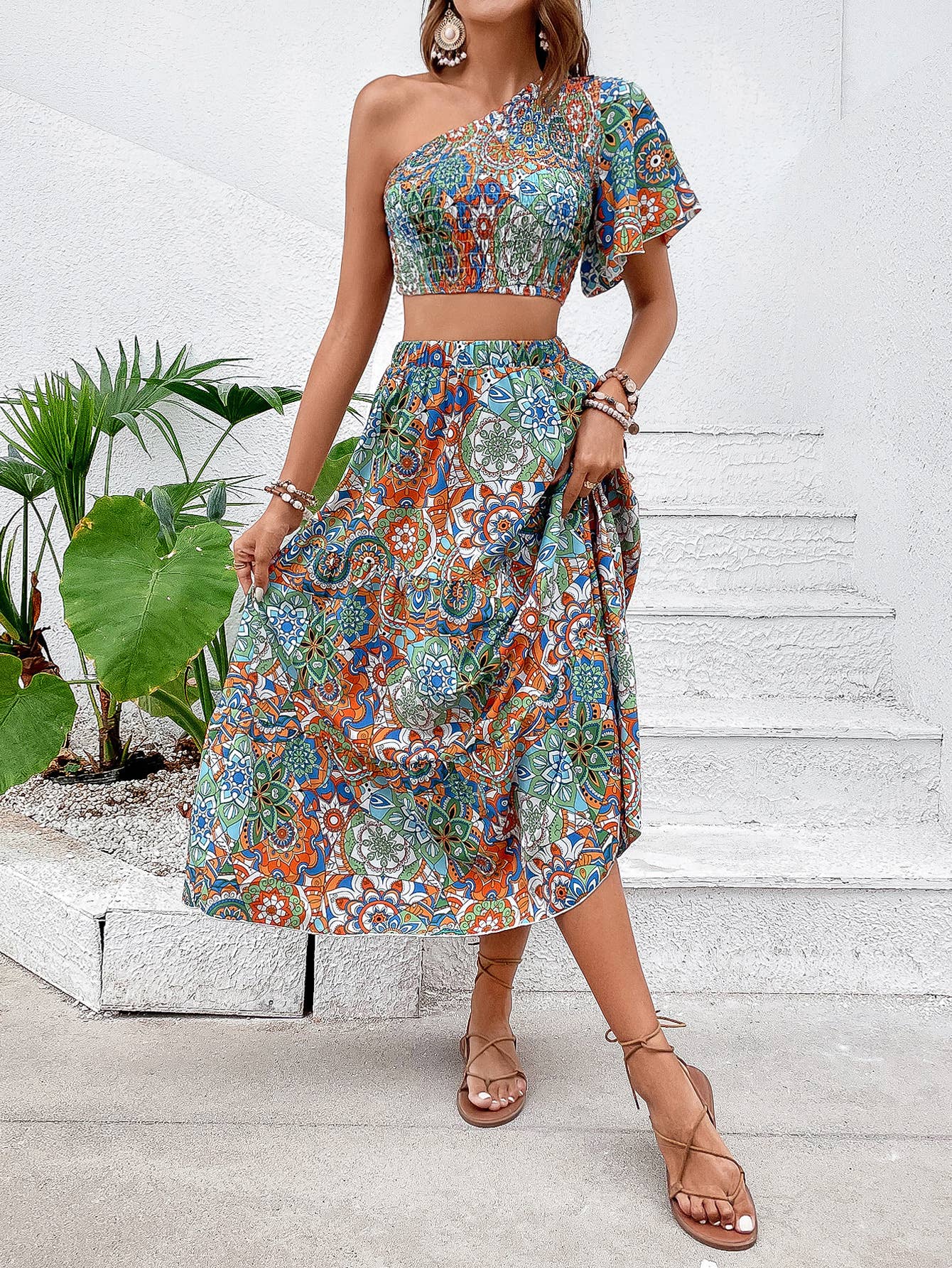 LONG BOHO DRESS WITH WAISTED AND SLOPING SHOULDER