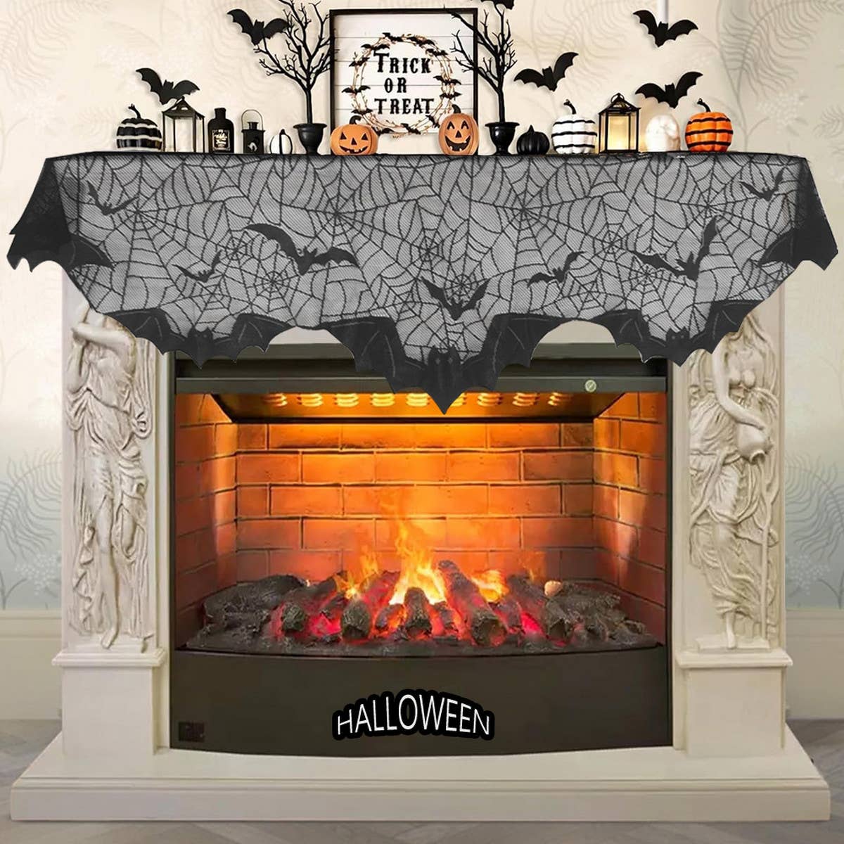 HALLOWEEN MANTEL BAT LACE TABLE RUNNER