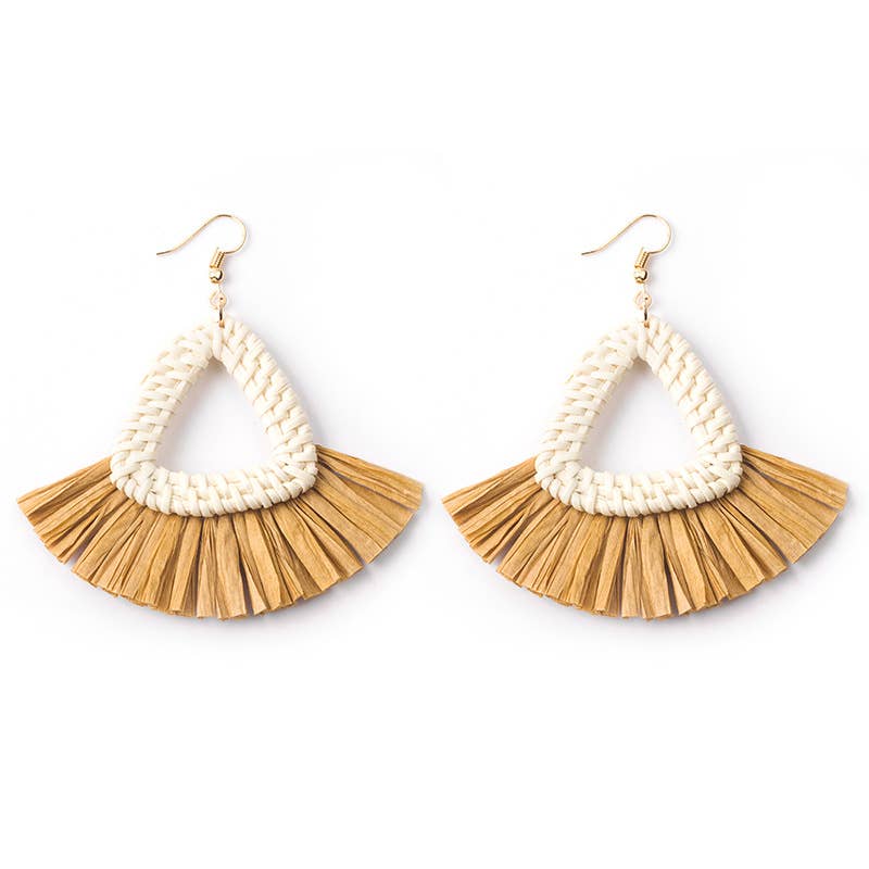Hand-woven geometric rattan raffia earrings