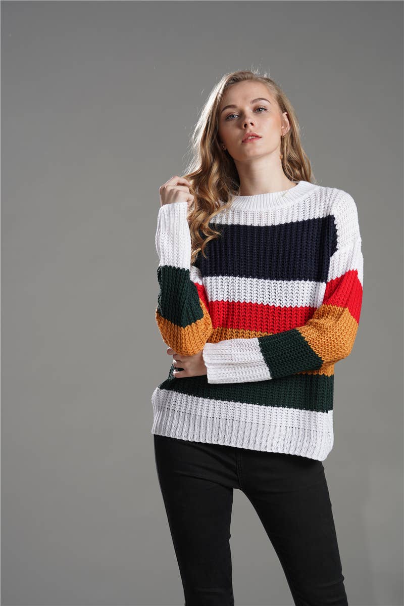 WOMEN'S LOOSE RAINBOW PATCHWORK PULLOVER SWEATER