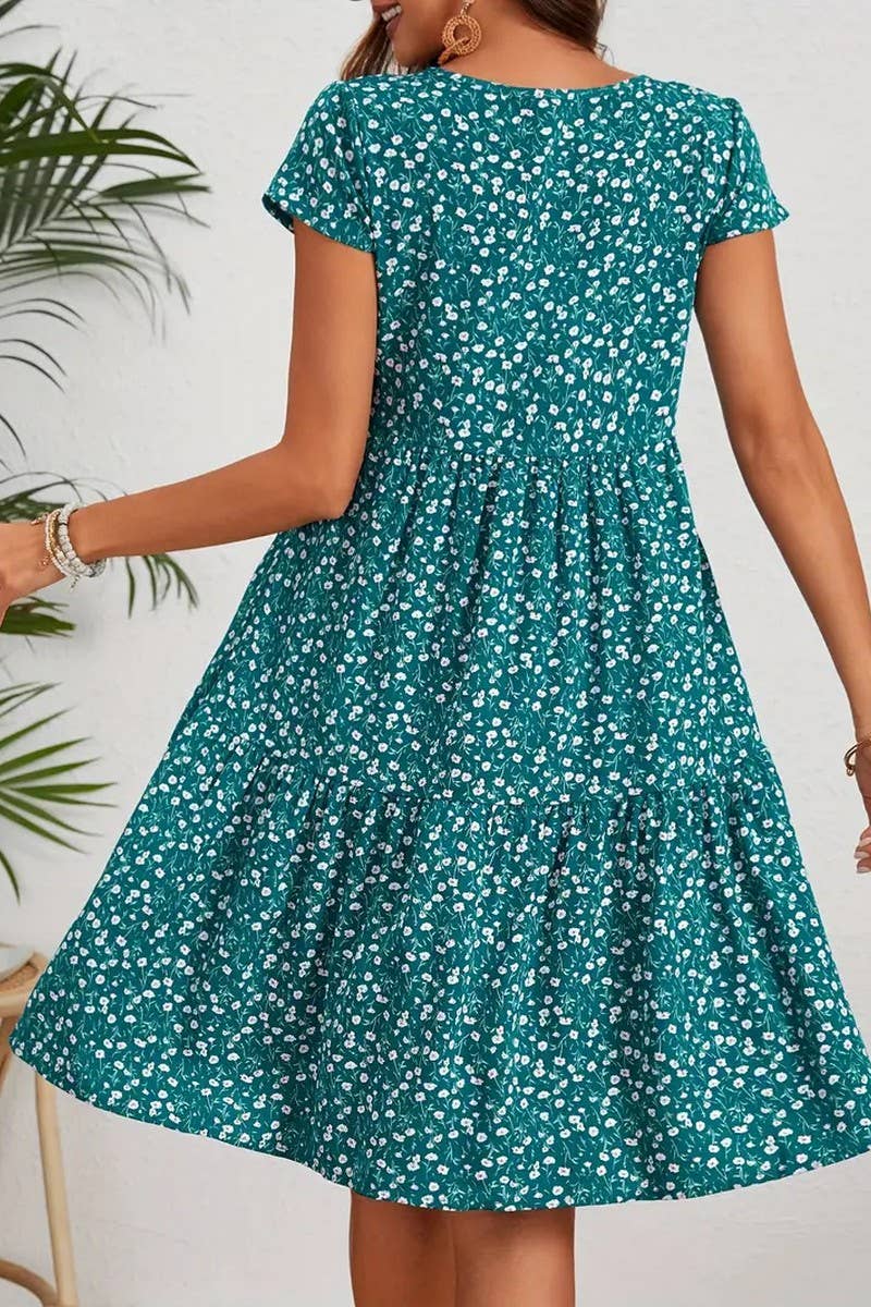 CWDMD5595_SPRING AND SUMMER PRINTED ROUND NECK DRESS