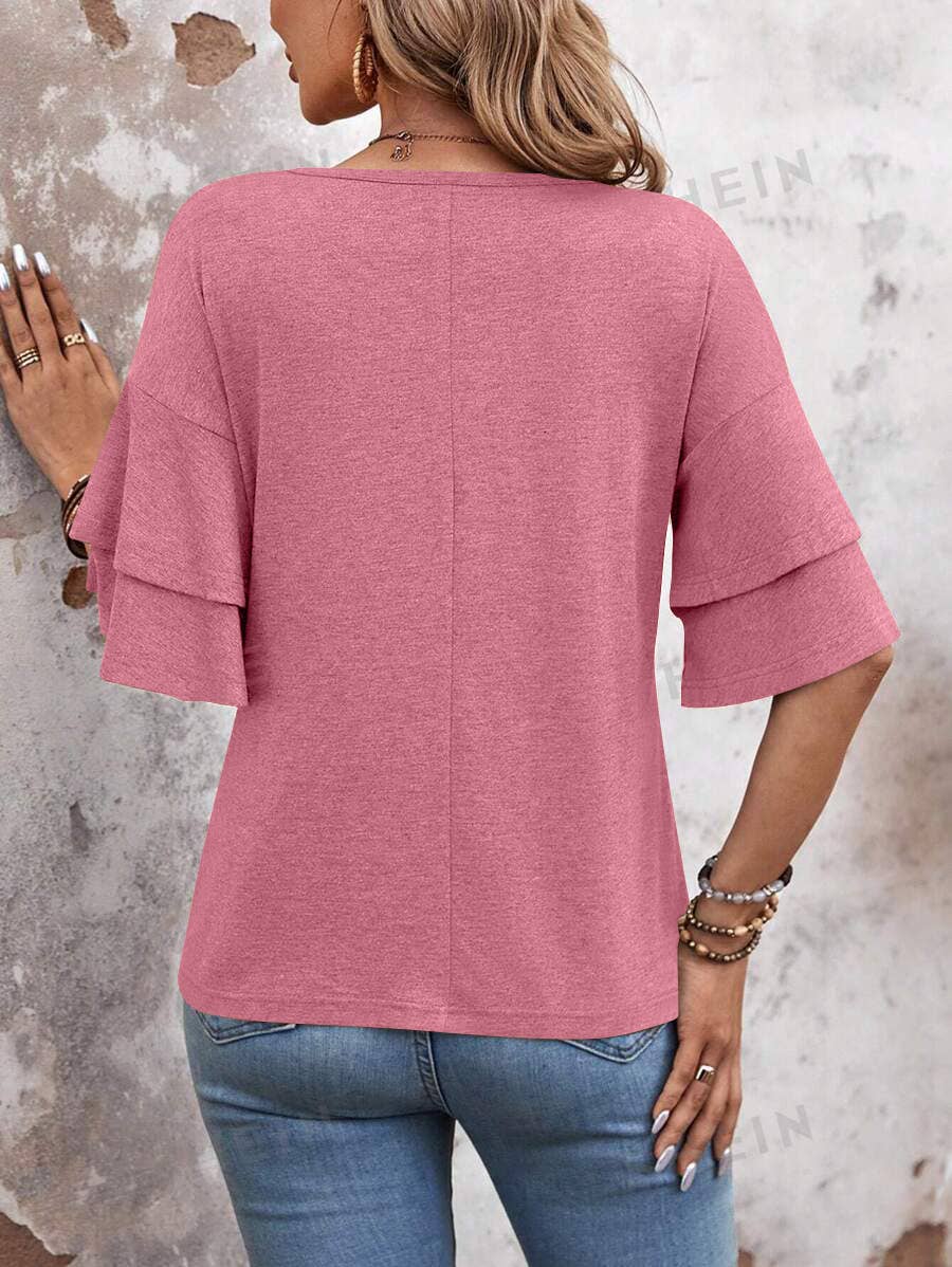 SOLID COLOR V-NECK DOUBLE-SLEEVED BAGGY BLOUSE