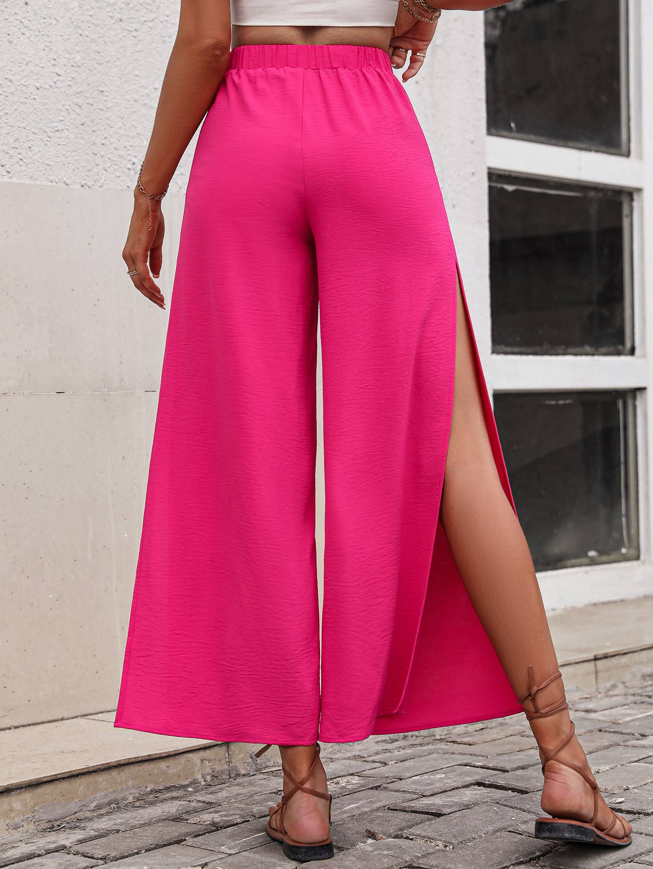 Solid-color slit high-waisted wide-leg pants