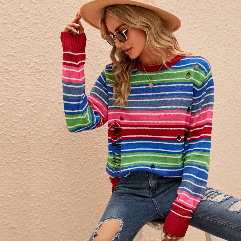 Striped color loose casual ripped sweater