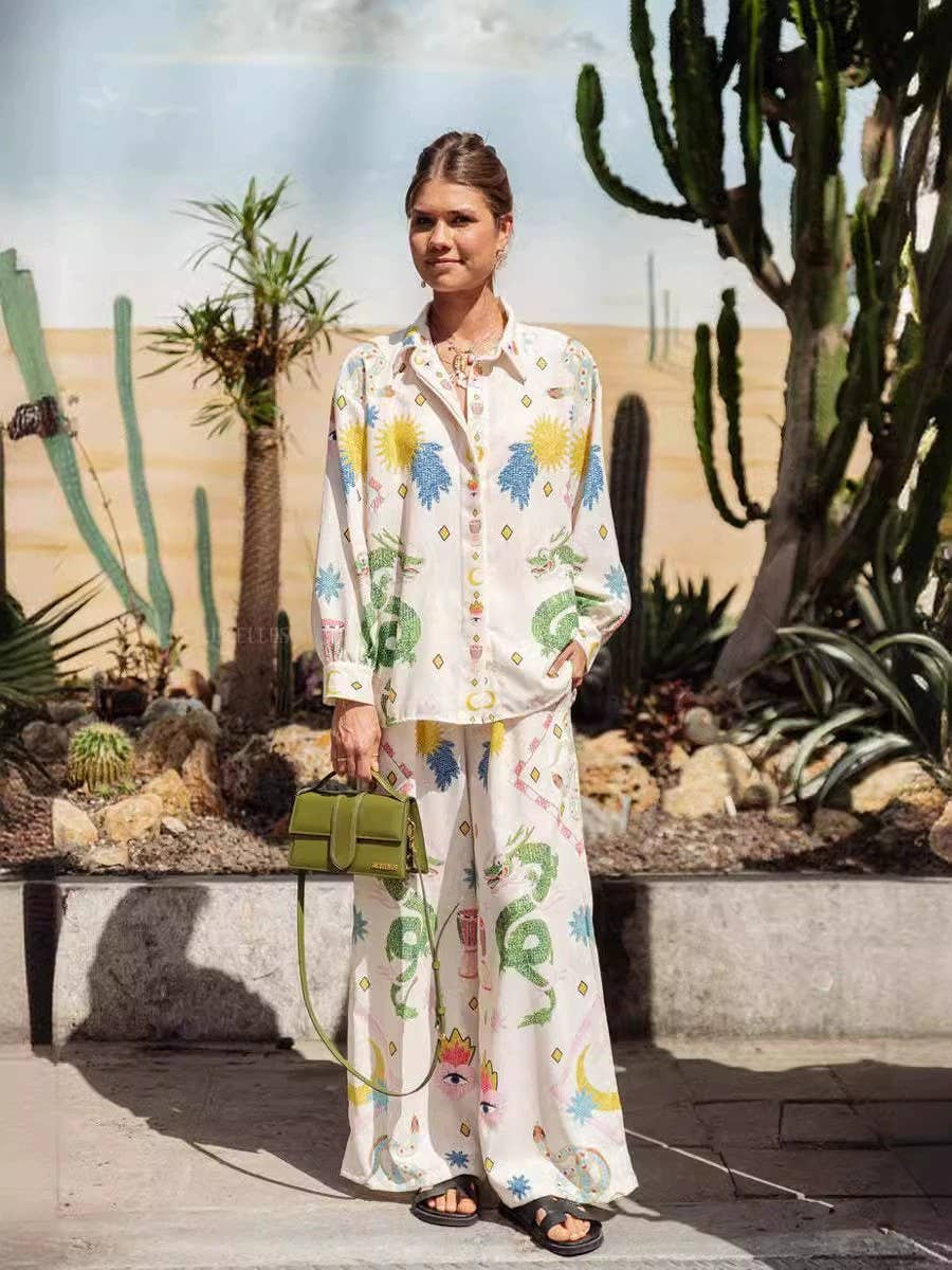 Fashionable printed macaron long sleeve shirt set