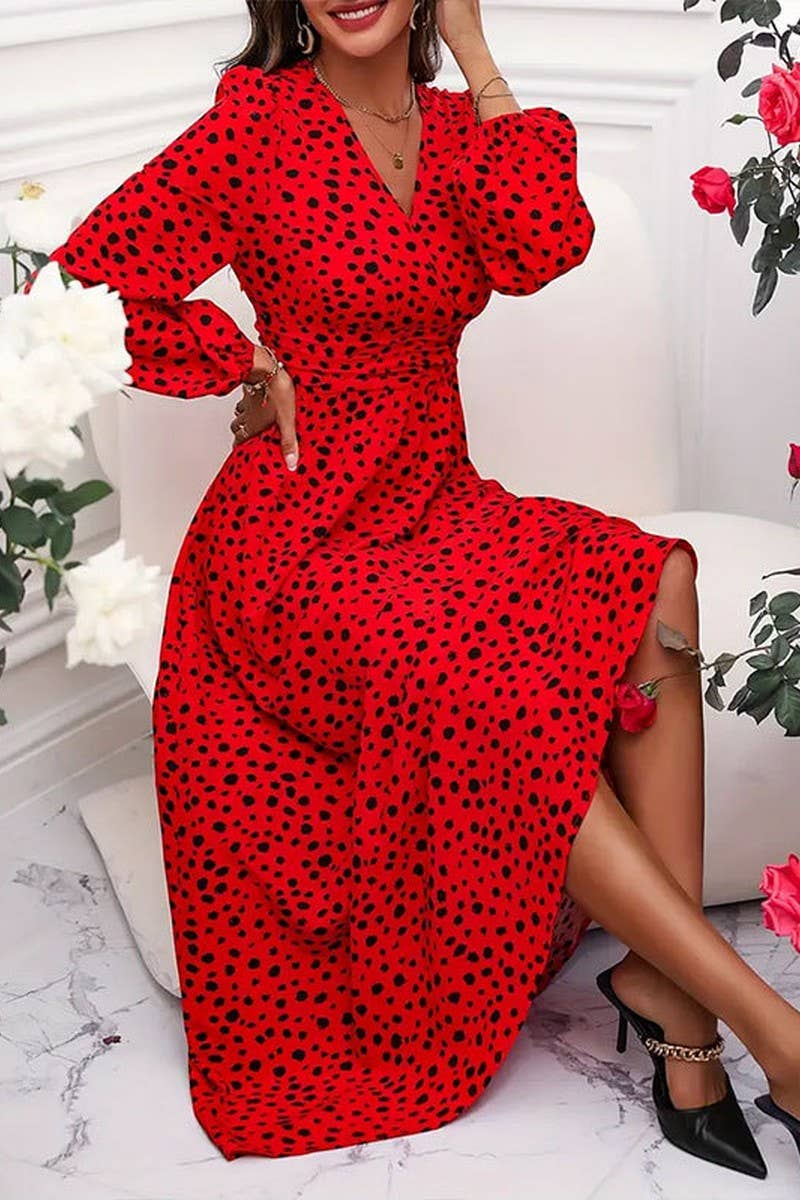 CWDMD5067_V-NECK WAIST POLKA DOT PLEATED LONG SLEEVE DRESS