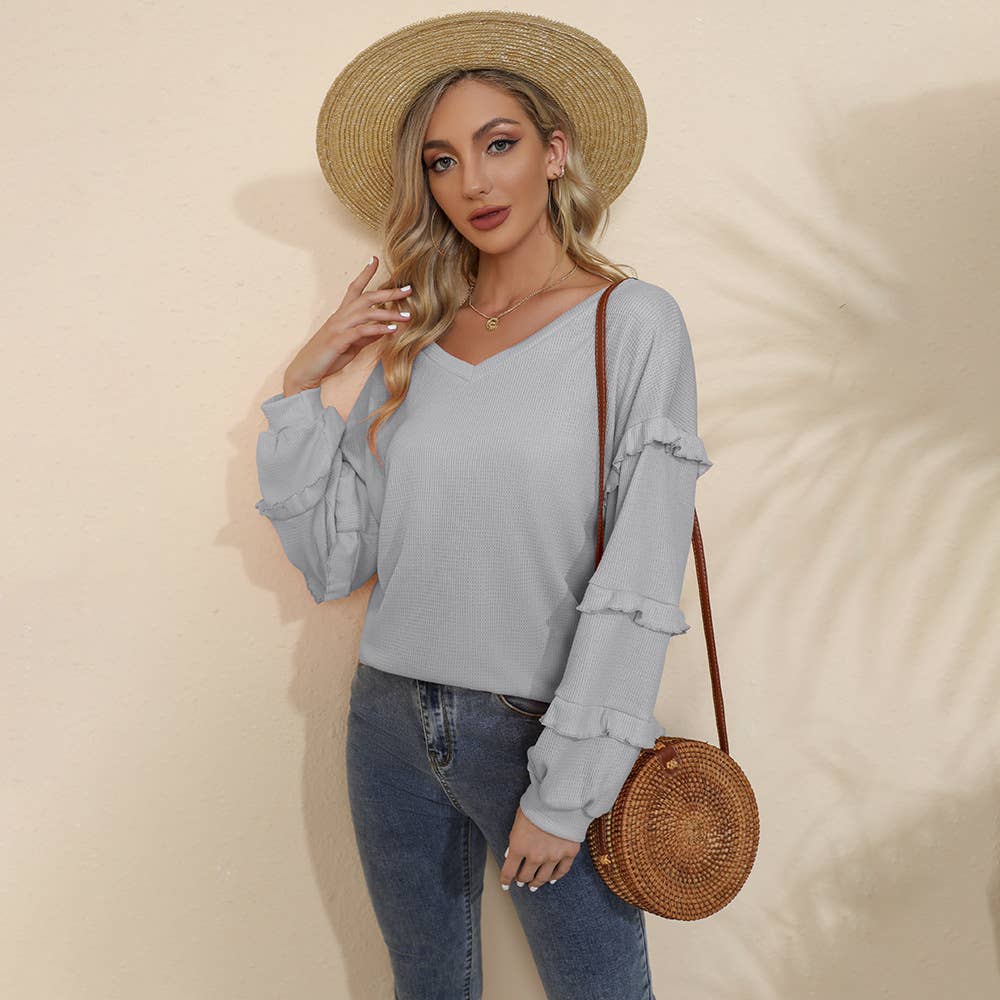 V-NECK RUFFLED LANTERN SLEEVE T-SHIRT