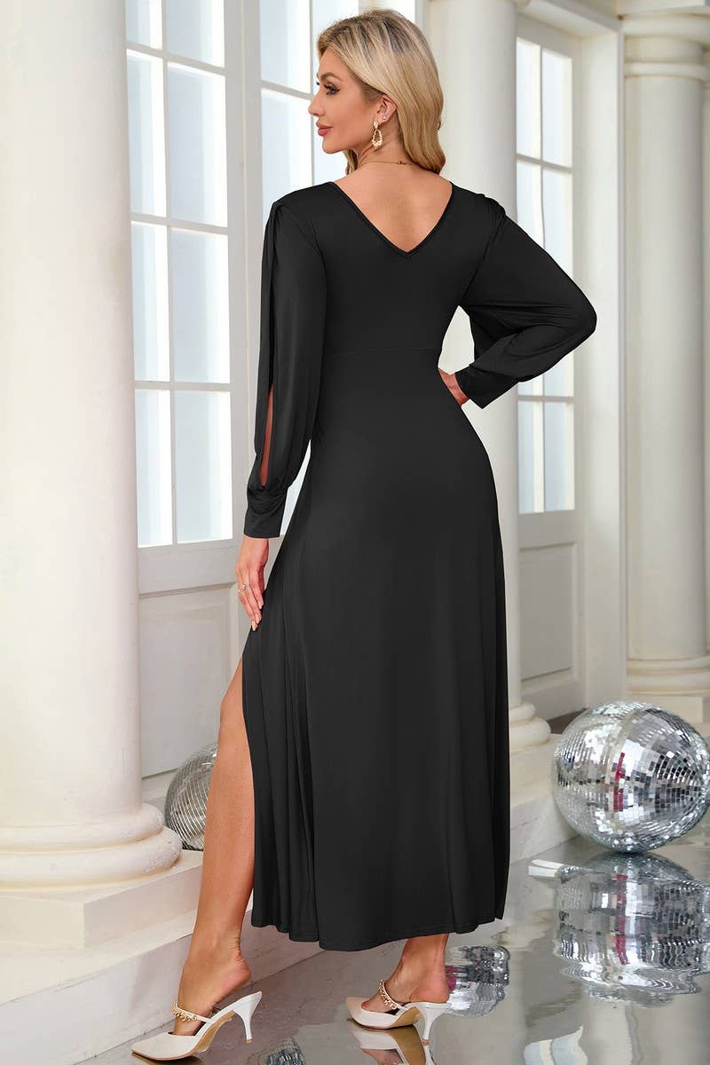 CWDMD3998_SOLID COLOR V-NECK LONG SLEEVE SLIT LONG DRESS