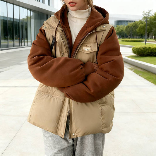 Fake two pieces loose contrast color padded coat