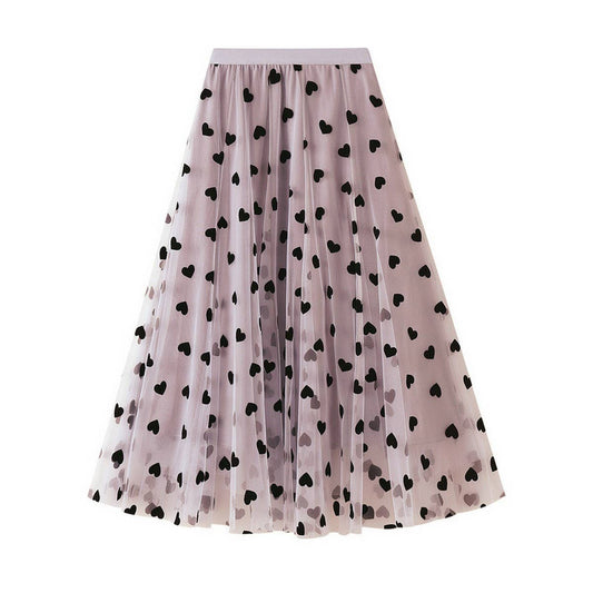Vintage Heart Flocked Tulle High-Waist Skirt