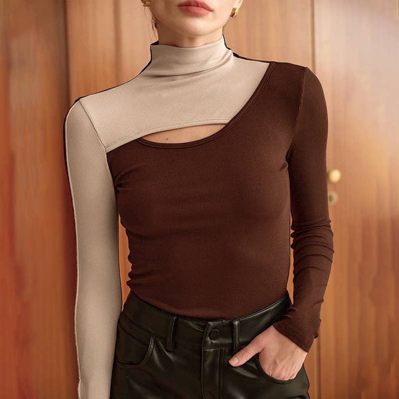 Semi-high-neck, cut-out, waist-cinching base top