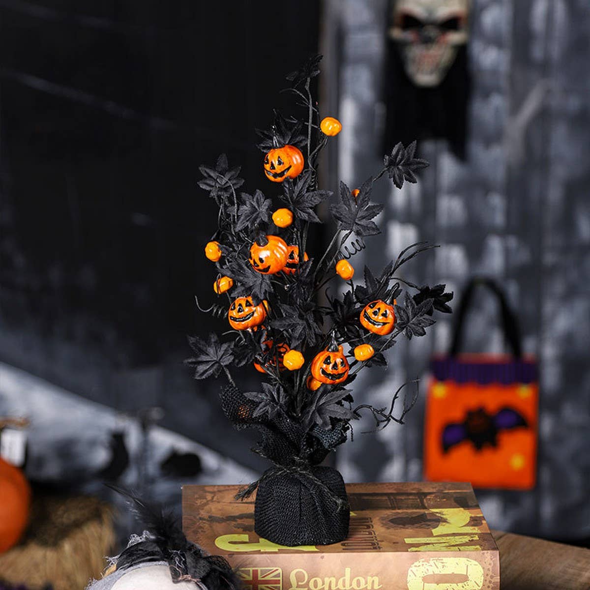 Black Halloween Pumpkin Maple Leaf Decor Tree_CWMM9828