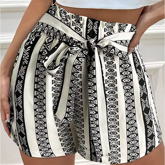 Printed High Waist Belted Slim Fit Casual Shorts