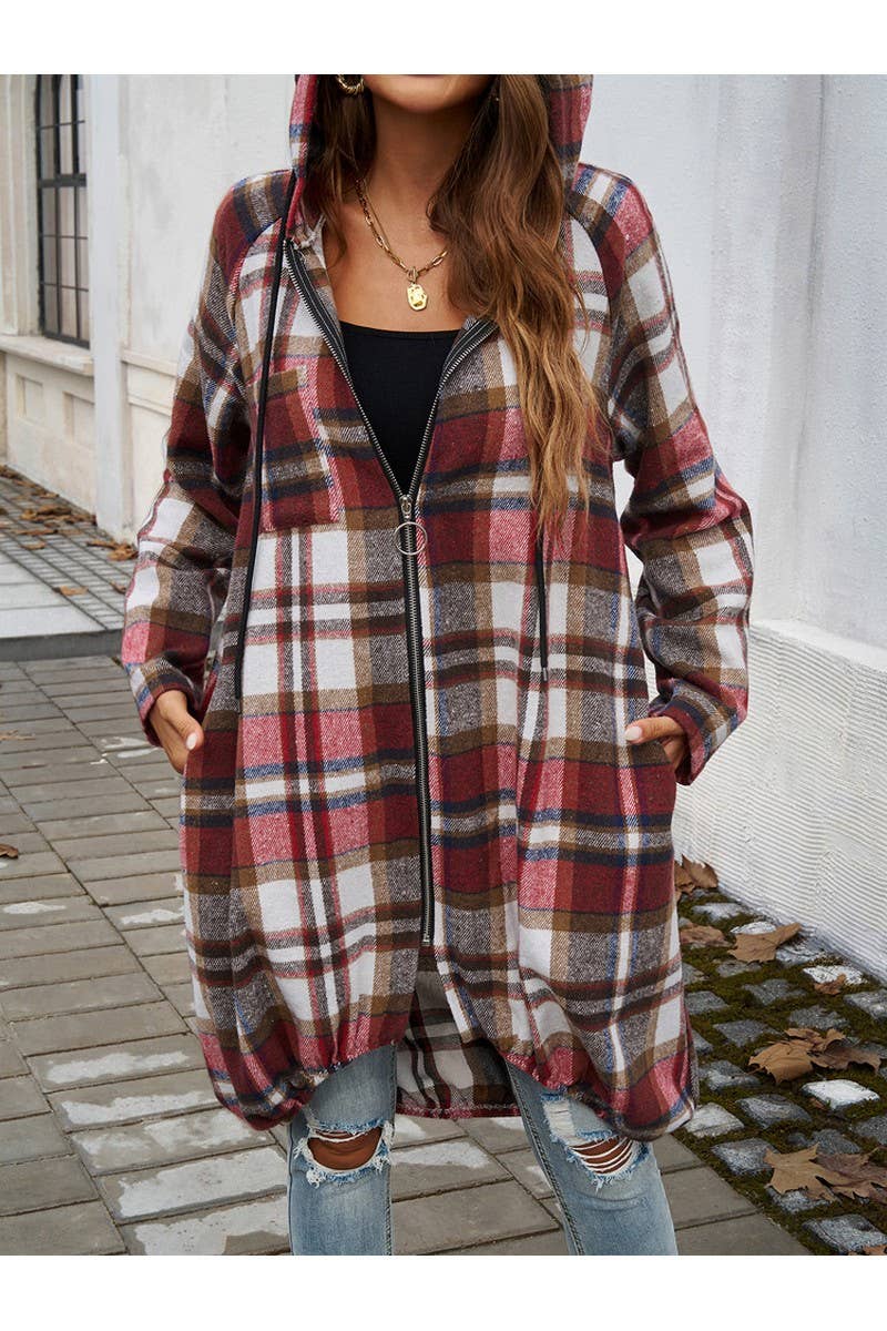 CWOCO0236_Casual Baggy Plaid Long Sleeved Zipper Hooded Coat